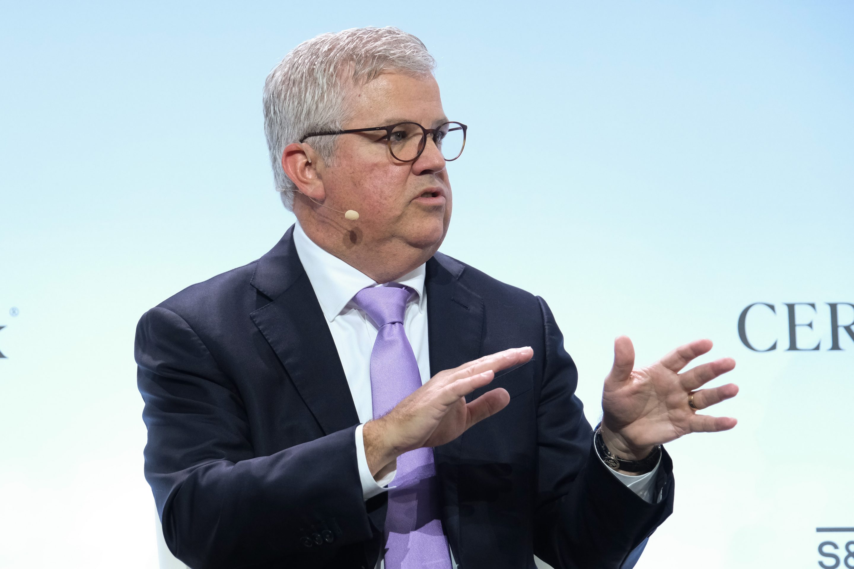 Robert Gaudette speaking with a headset microphone at CERAWeek in Houston