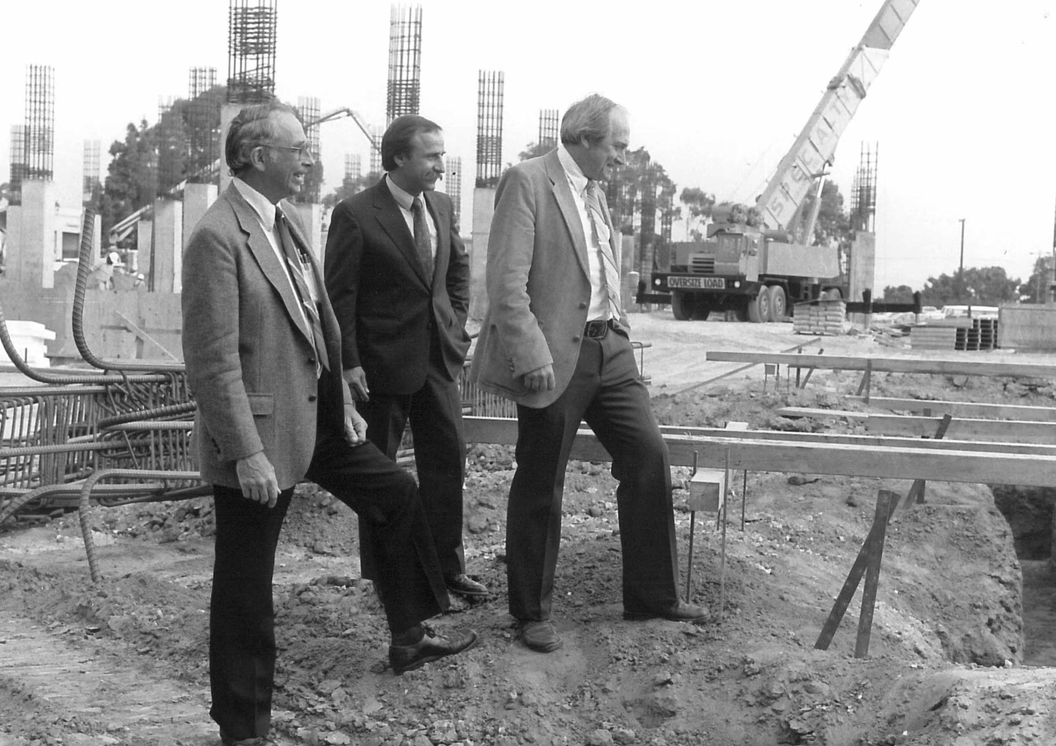 Roger Wood, Robert Mehrabian and James Logan Merz at the unfinished Engineering II building at UC Santa Barbara