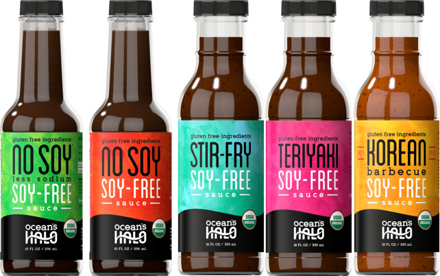 Five bottles from Ocean's Halo's soy-free sauce range