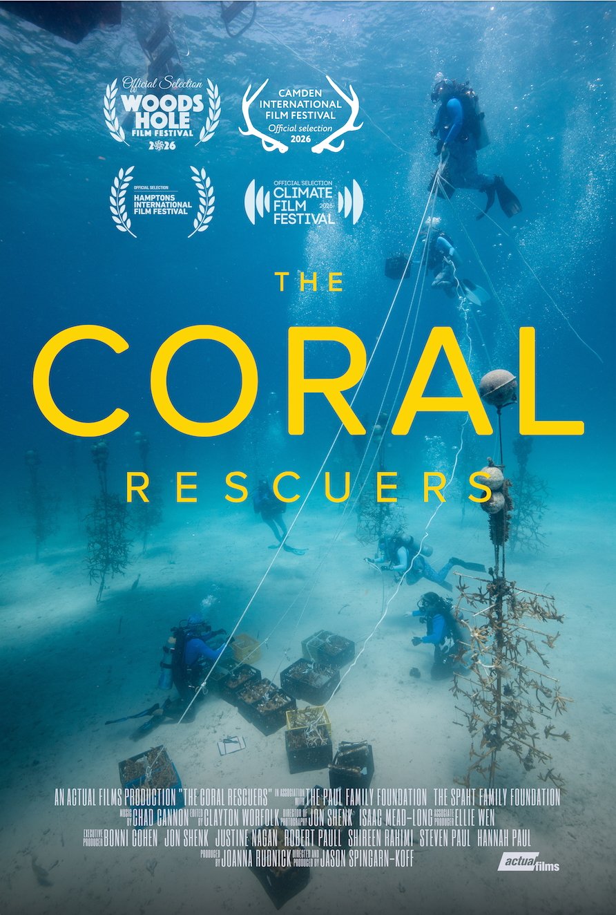 The Coral Rescuers poster, showing divers tending underwater coral structures, with Robert Paull named in the executive producer credits