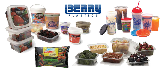Berry Plastics product display with food containers, lids, drink cups and household packaging