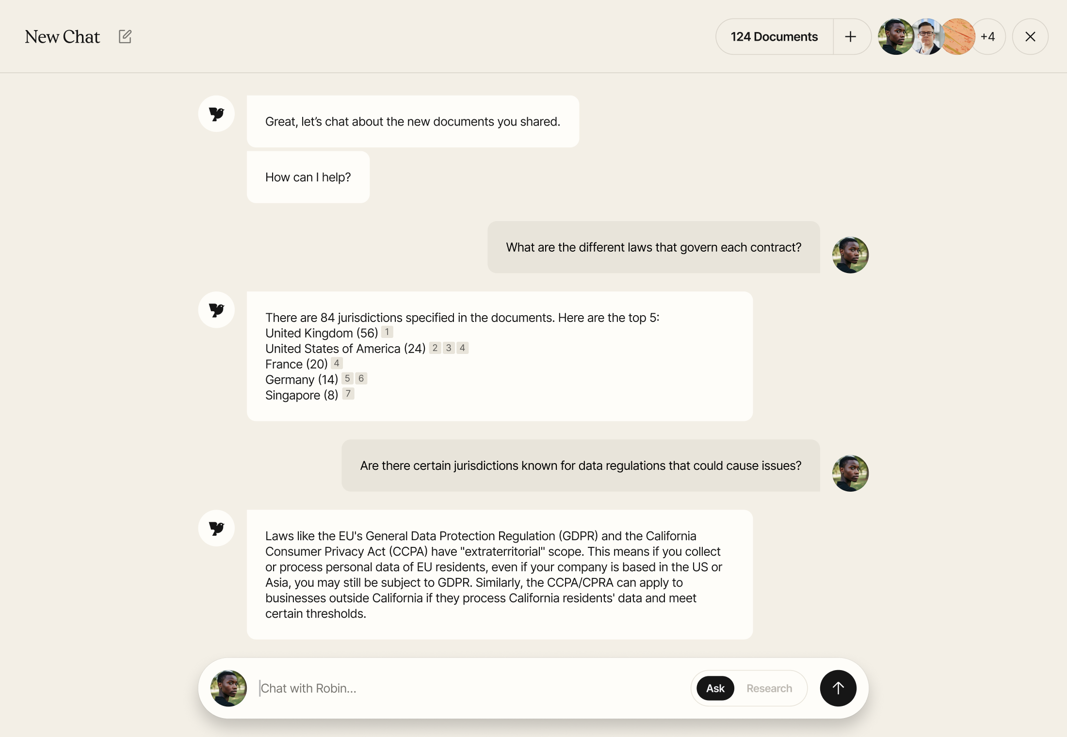 Robin AI chat interface showing document questions and cited answers