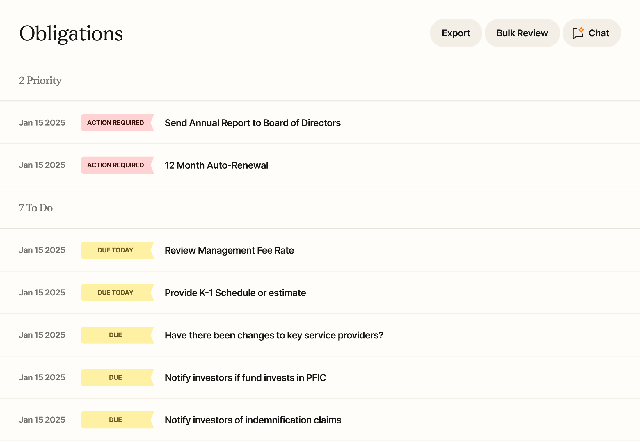 Robin AI obligations dashboard with task status and contract deadlines