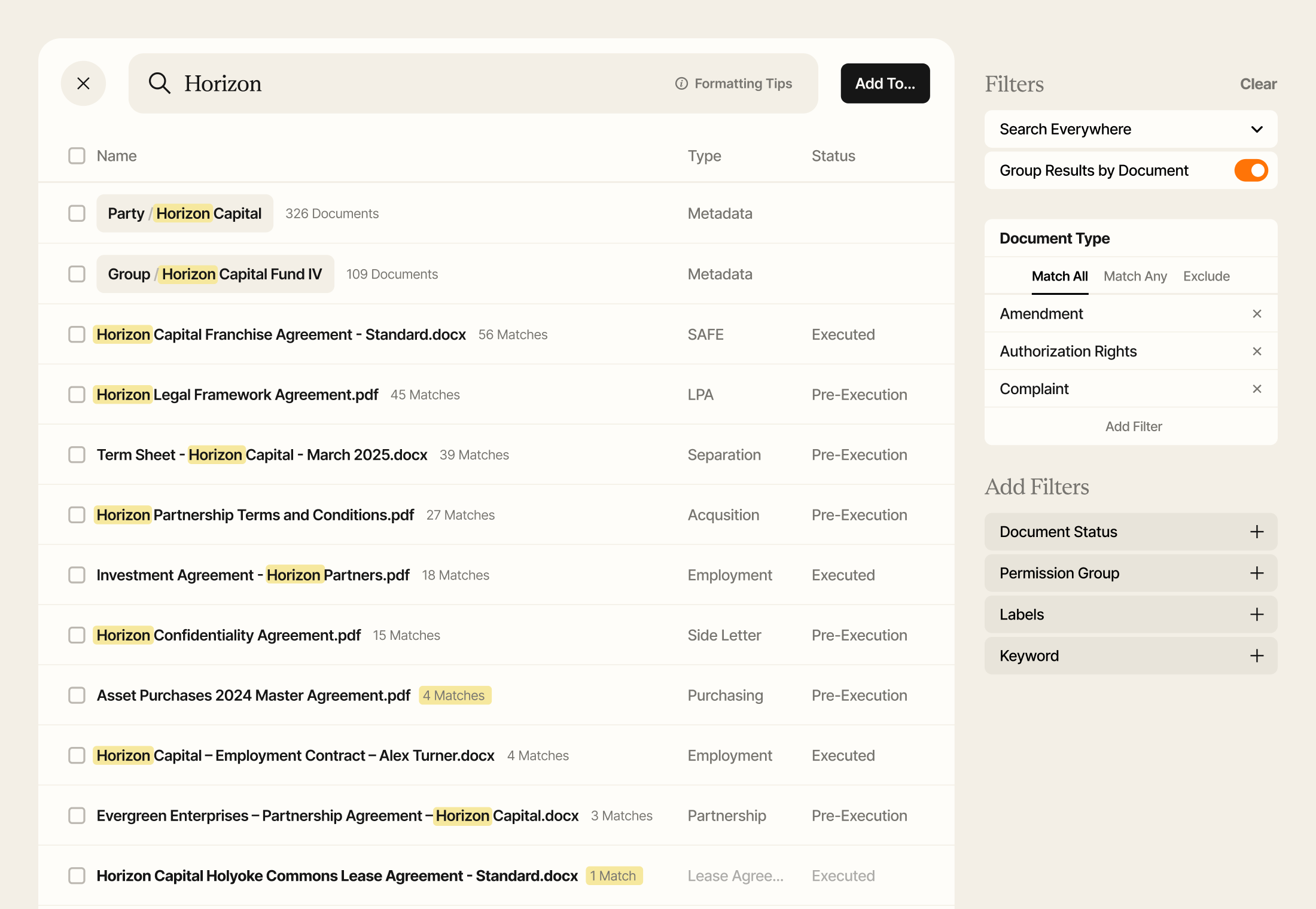 Robin AI search interface for locating contracts and key terms