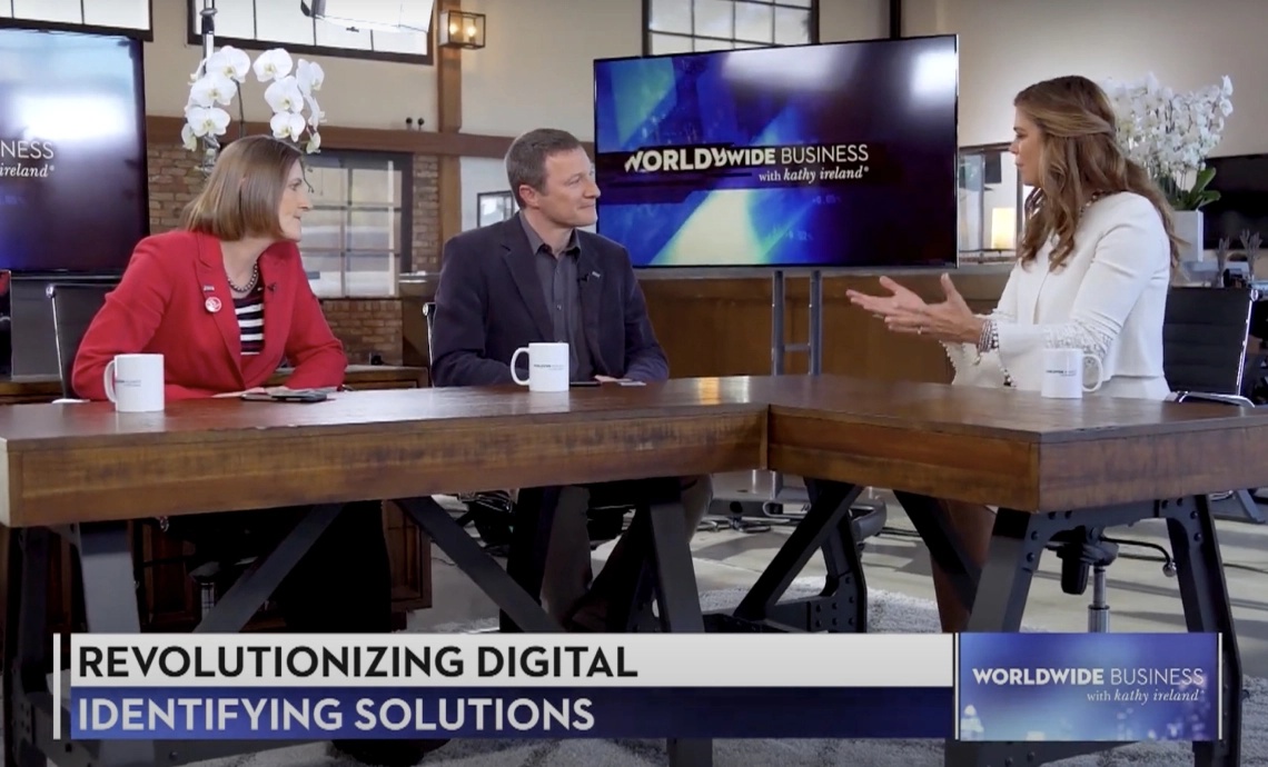 Robin Tombs and Julie Dawson taking part in a televised interview with Kathy Ireland
