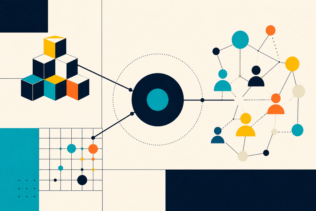 Abstract Swiss-style composition connecting capital blocks, a research grid, and a network of people through one central node