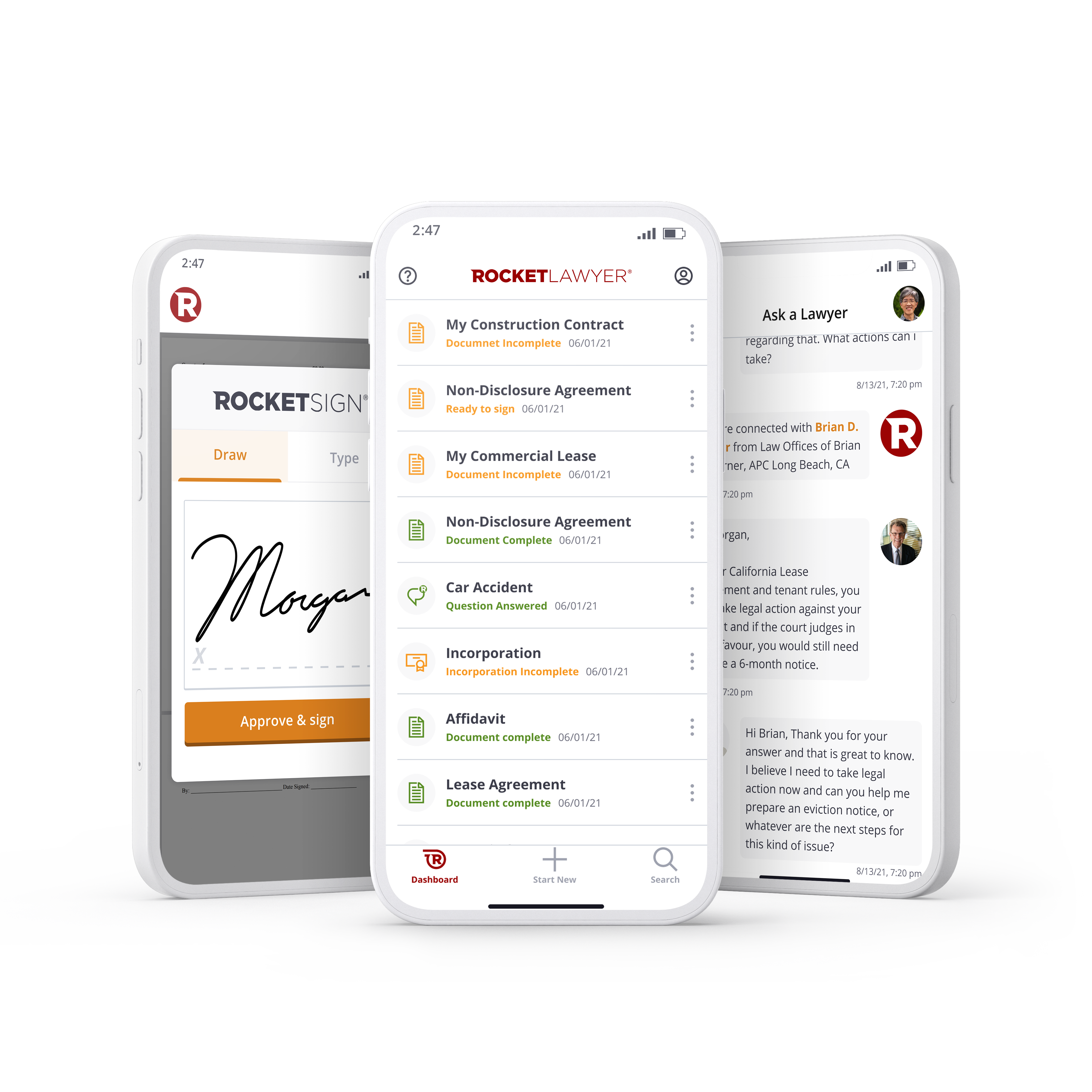 Archival Rocket Lawyer mobile screens showing electronic signatures, documents and attorney questions