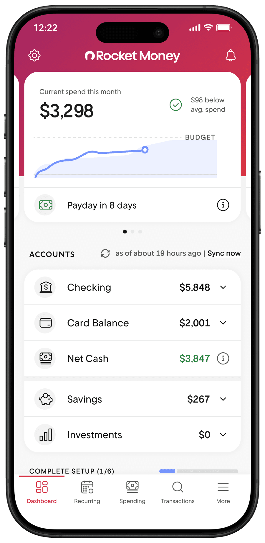 Rocket Money promotional dashboard showing spending, accounts and upcoming payday