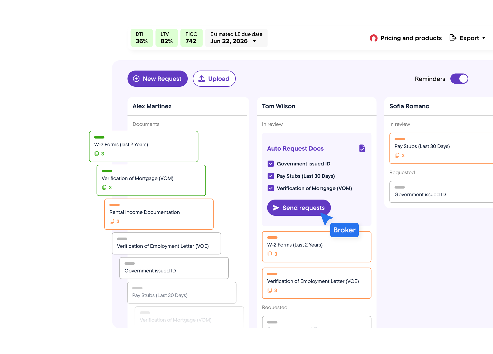 Jupiter Smart Docs product screenshot showing requested, received and outstanding loan documents