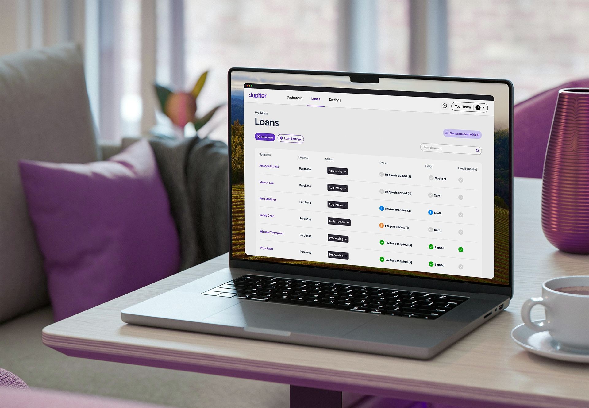 Jupiter loan origination software showing a loan pipeline on a laptop