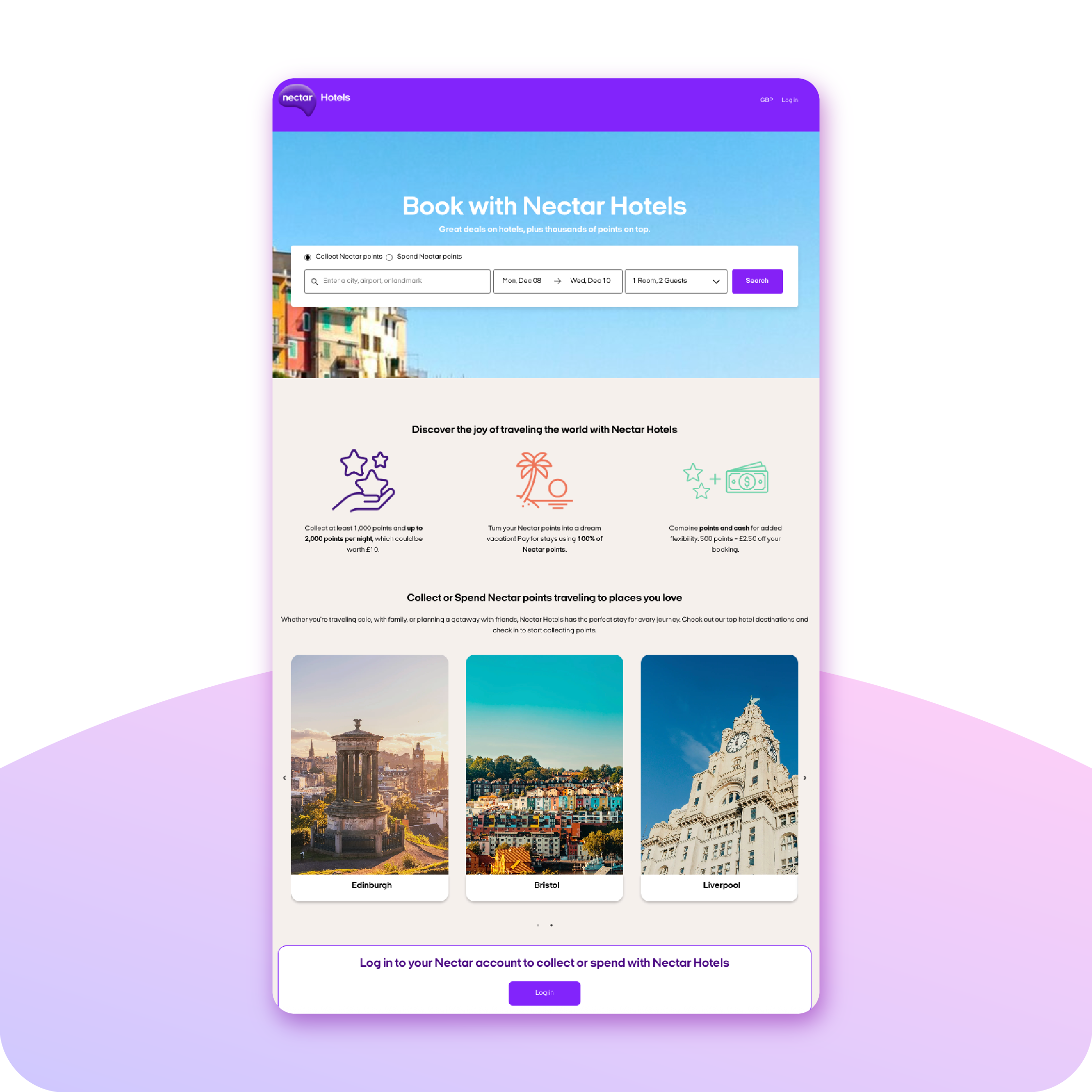 Nectar Hotels booking page with collect-or-spend points options and destination cards