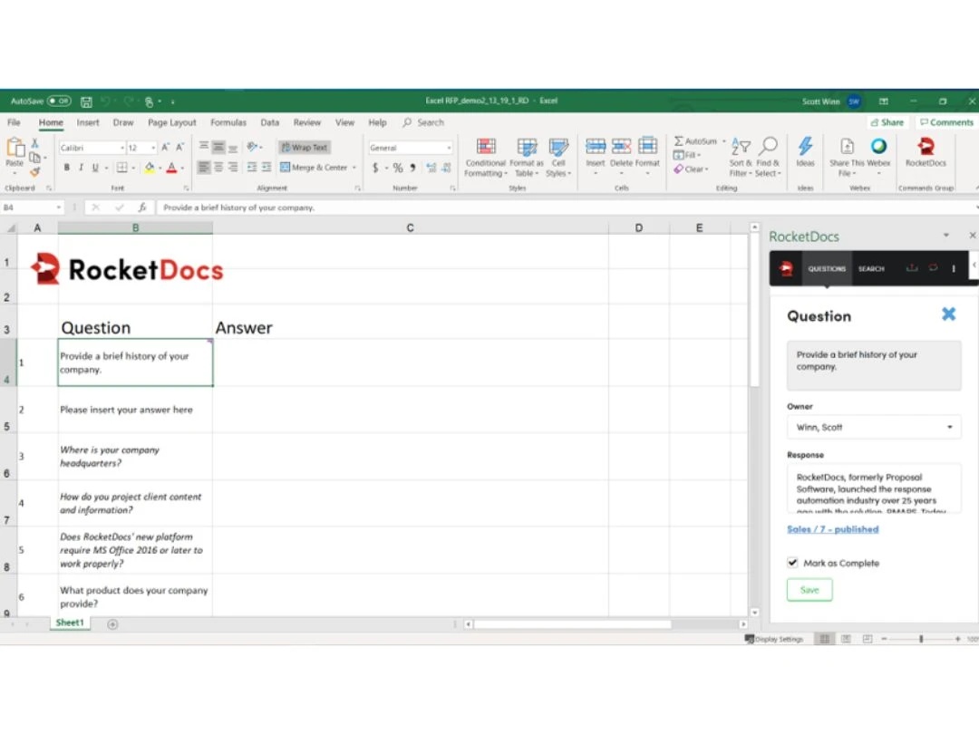 Historical RocketDocs product screenshot showing an Excel questionnaire and a response panel