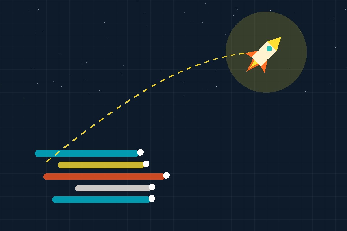 Illustration of a rocket climbing a dashed trajectory above a stack of project timeline bars