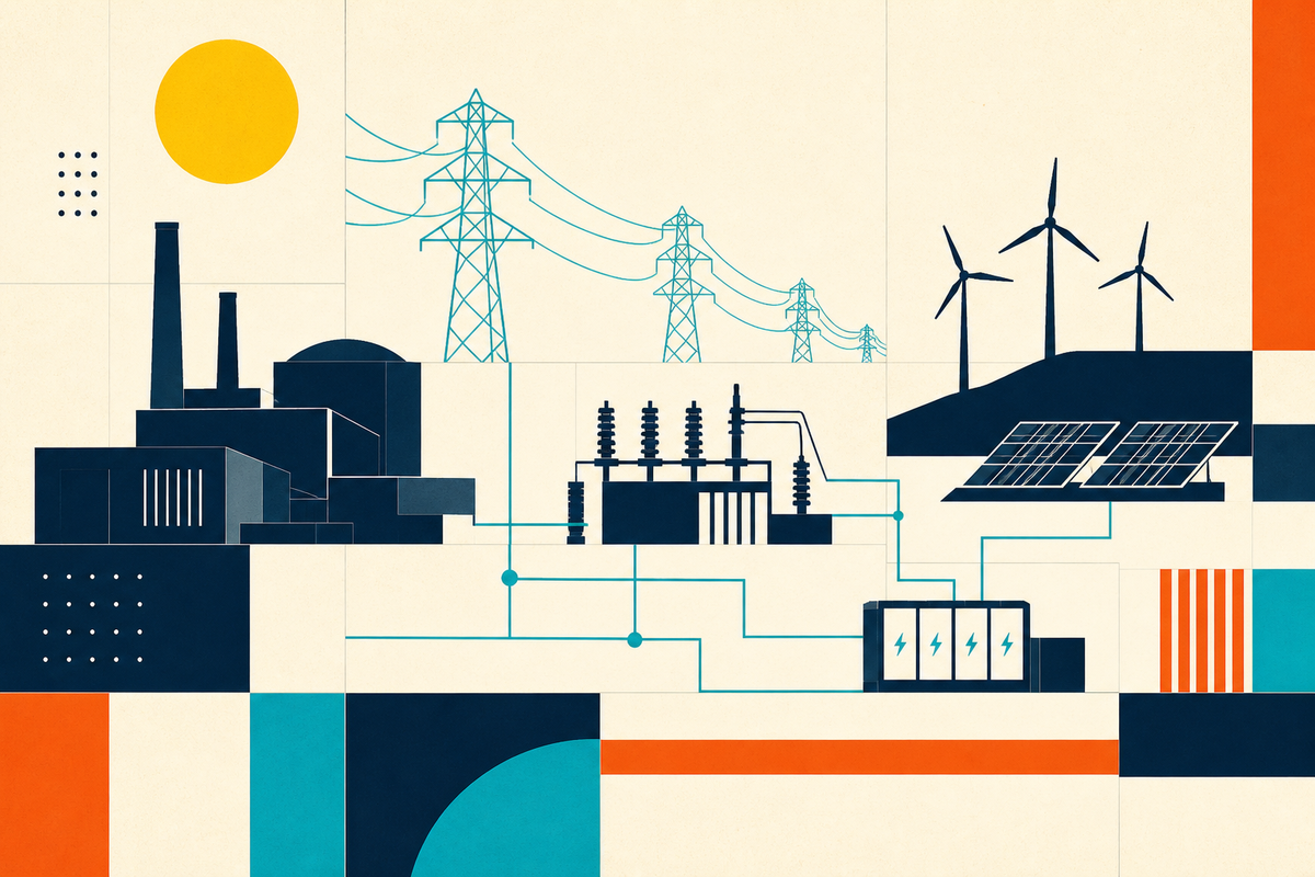 Abstract Swiss-style illustration connecting conventional generation, transmission, wind, solar and battery storage