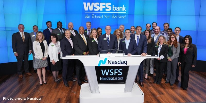 Rodger Levenson with WSFS colleagues behind the Nasdaq podium at an opening bell celebration