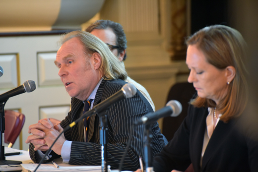 Roger Byrom speaking beside Catherine McVay Hughes at a Seaport planning meeting