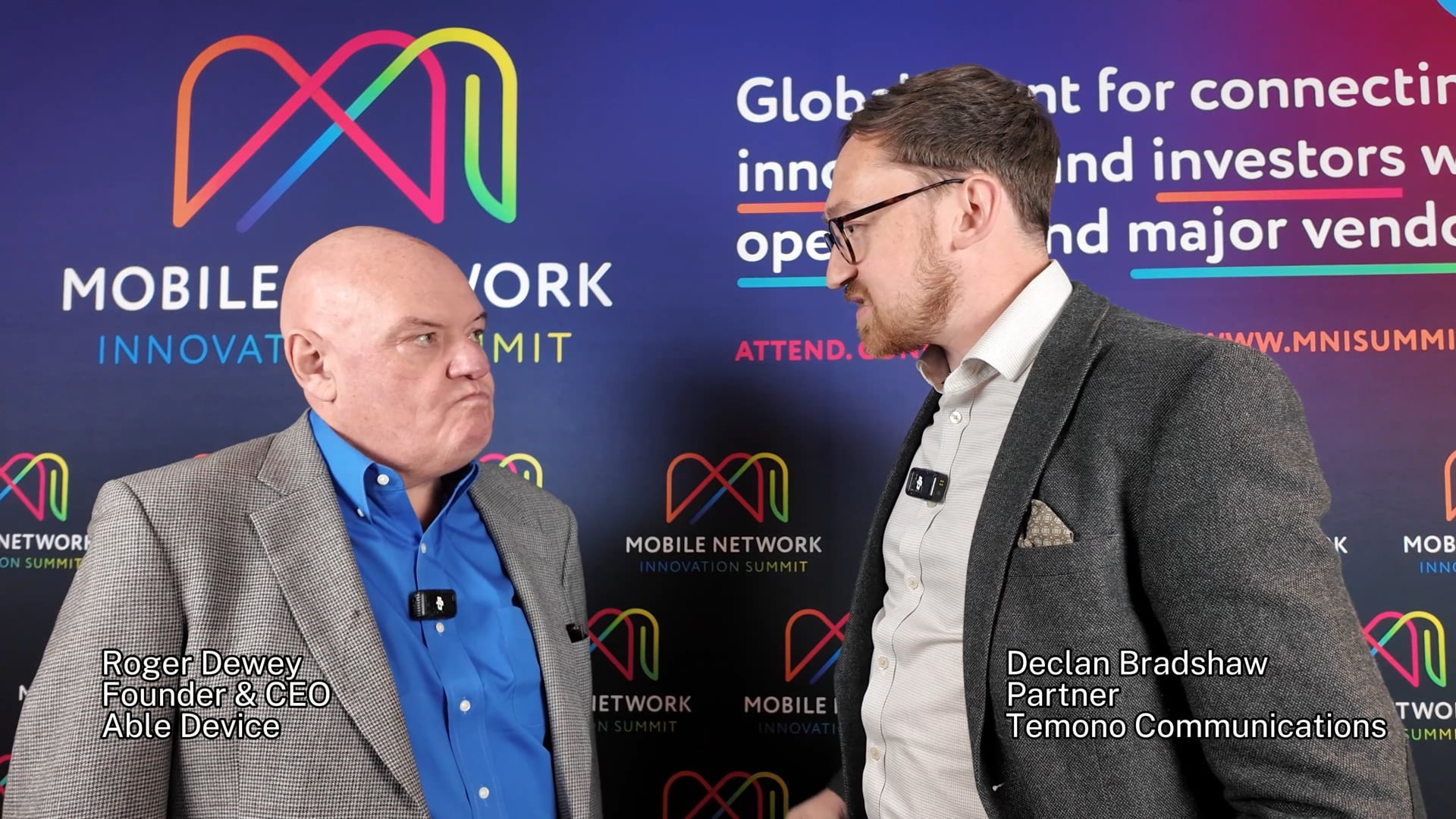 Roger Dewey speaking with interviewer Declan Bradshaw at the 2026 Mobile Network Innovation Summit
