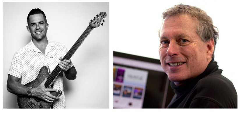 Press image pairing Brian Ball holding a guitar, at left, with Roger Smith seated at a desk, at right