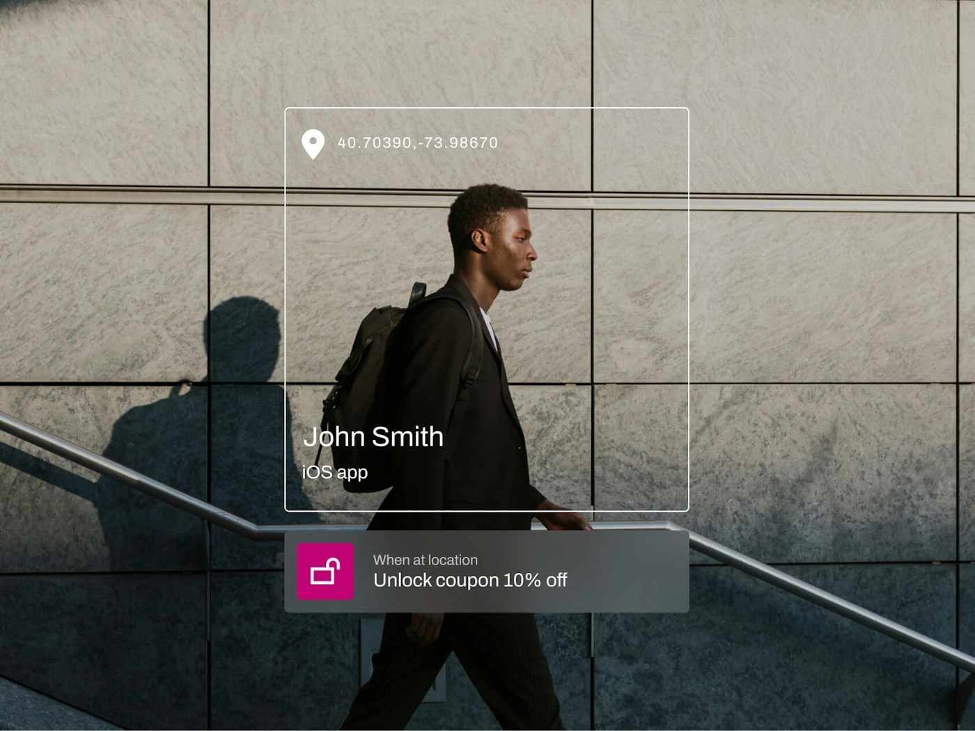 mParticle product illustration showing a passerby, location coordinates, a customer profile, and a location-triggered coupon