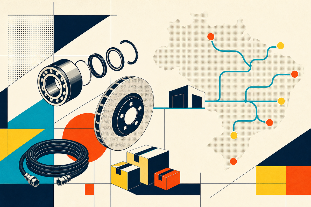 Abstract Swiss-style illustration of auto parts, parcels, a warehouse and delivery routes across Brazil