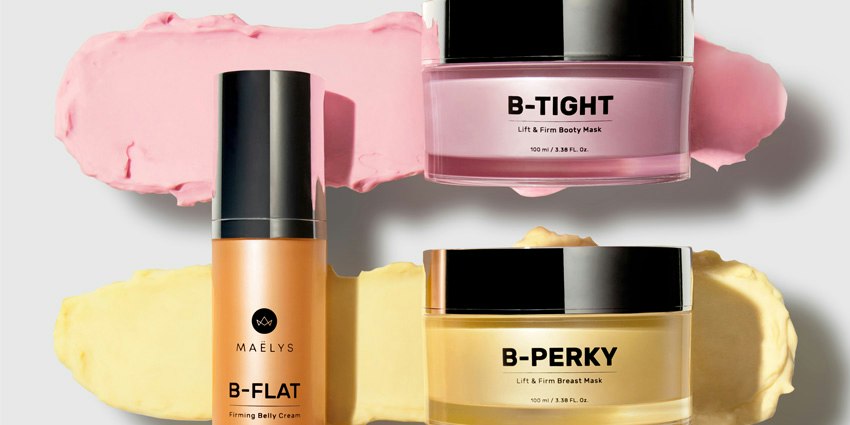 Three colorful MAËLYS body-care products arranged over matching swatches