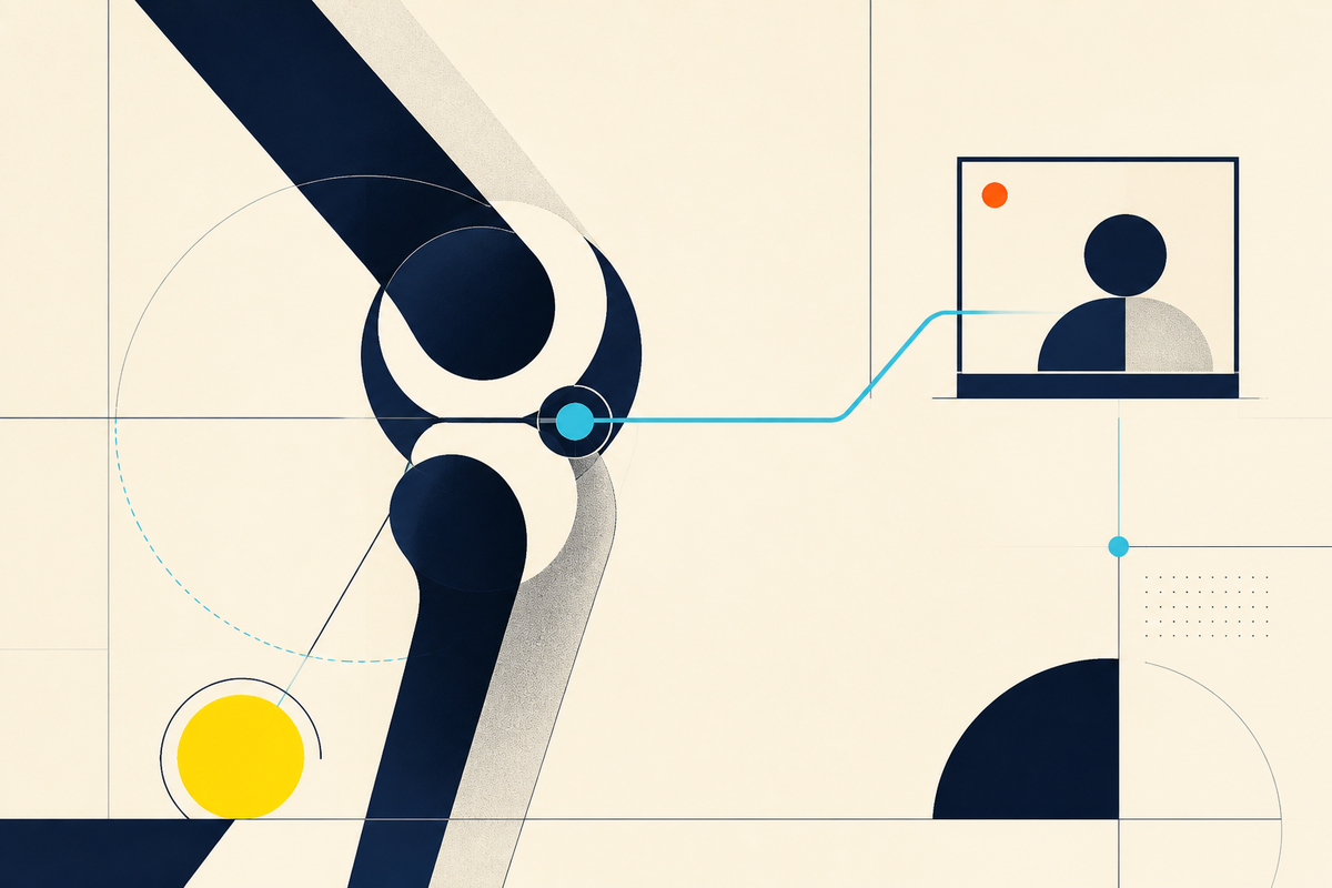 Abstract Swiss-style illustration of a knee joint connected to a remote clinician screen