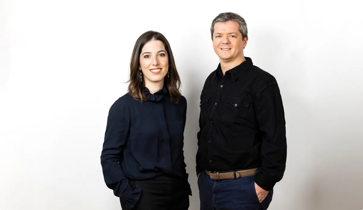 Pigment cofounders Éléonore Crespo, left, and Romain Niccoli, right, standing together