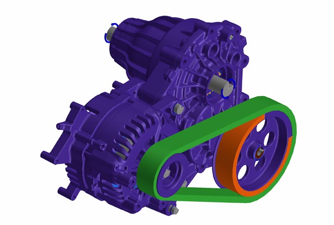 Romax simulation of Valeo’s electric drive with a green belt linking two pulleys