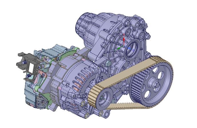 Detailed CAD illustration of the Valeo electric drive assembly and toothed belt