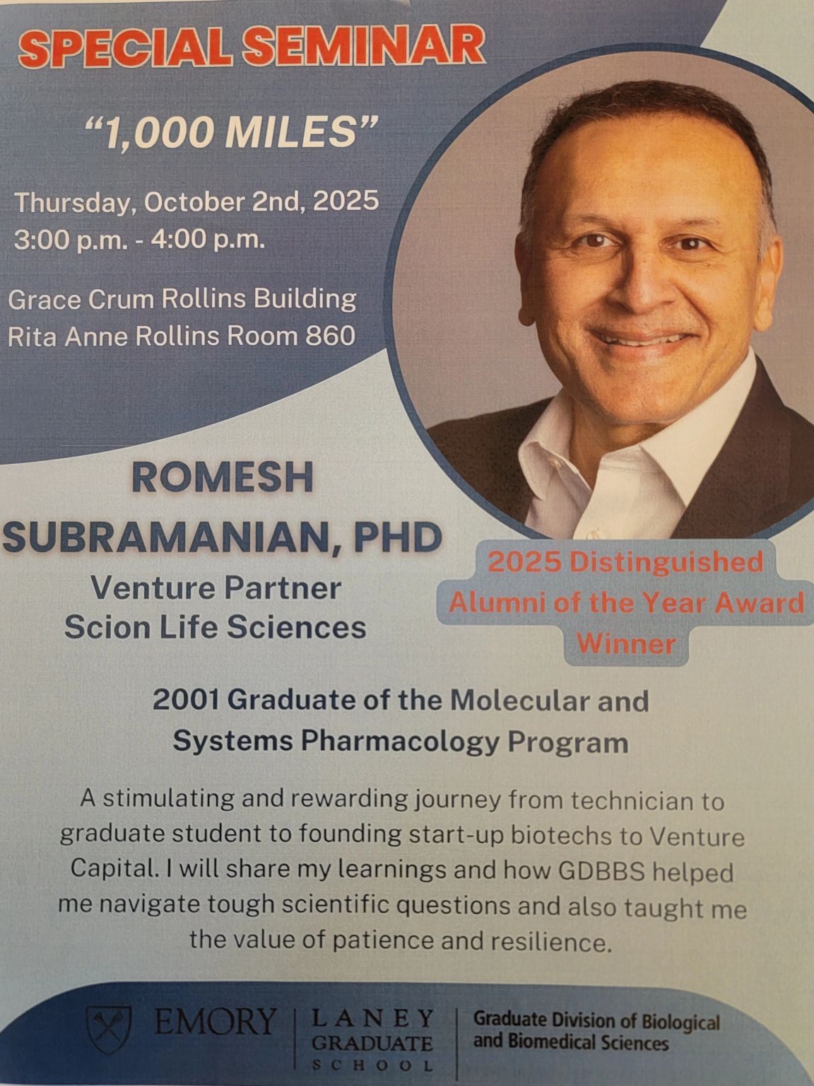 Emory’s 2025 seminar poster for Romesh Subramanian, titled 1,000 Miles