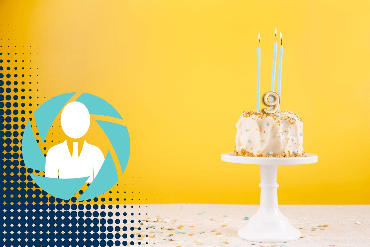 A ninth-anniversary cake in Propel's blue and yellow visual style