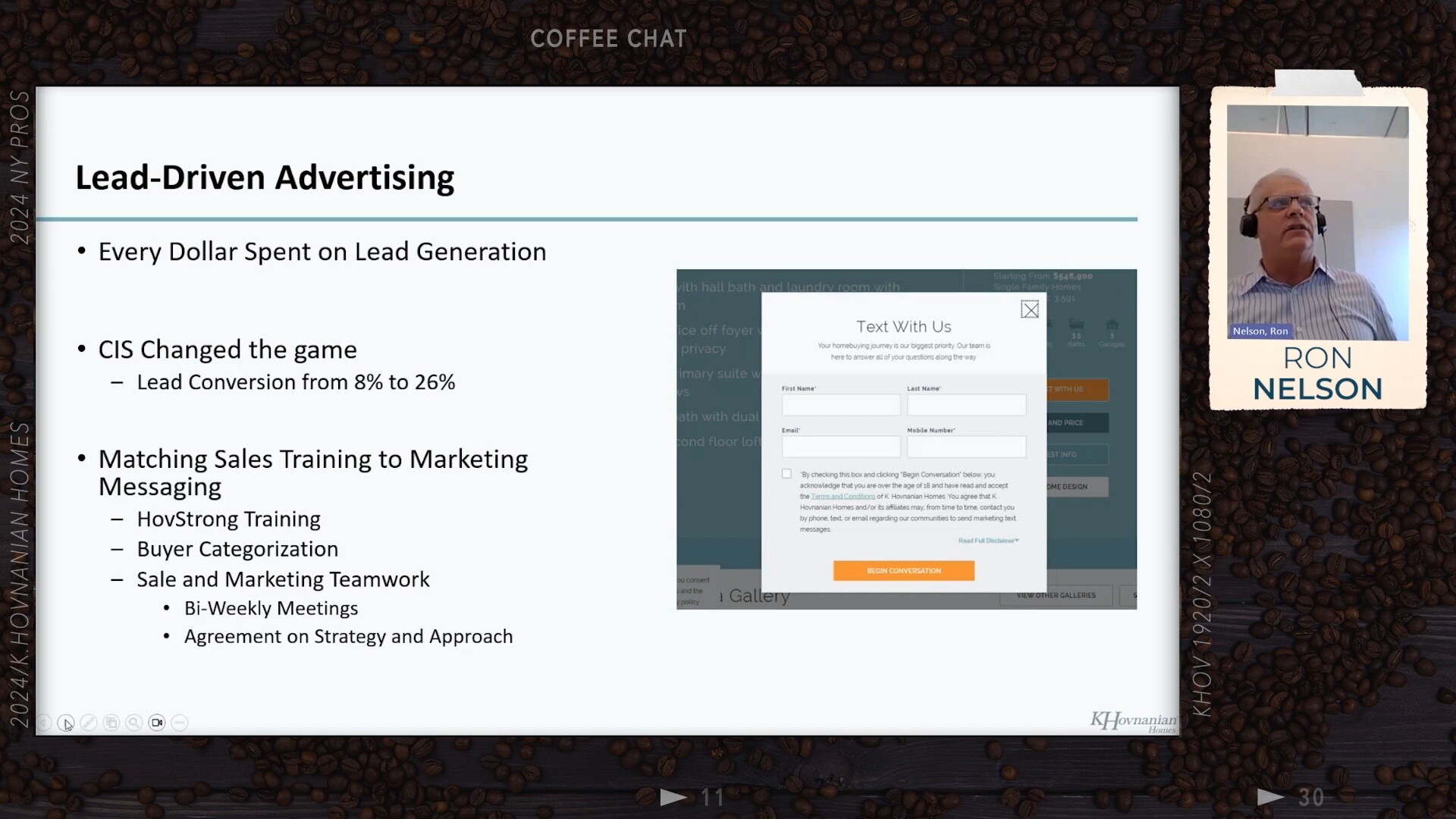 Ron Nelson presenting a K. Hovnanian slide about lead-driven advertising during a company Coffee Chat