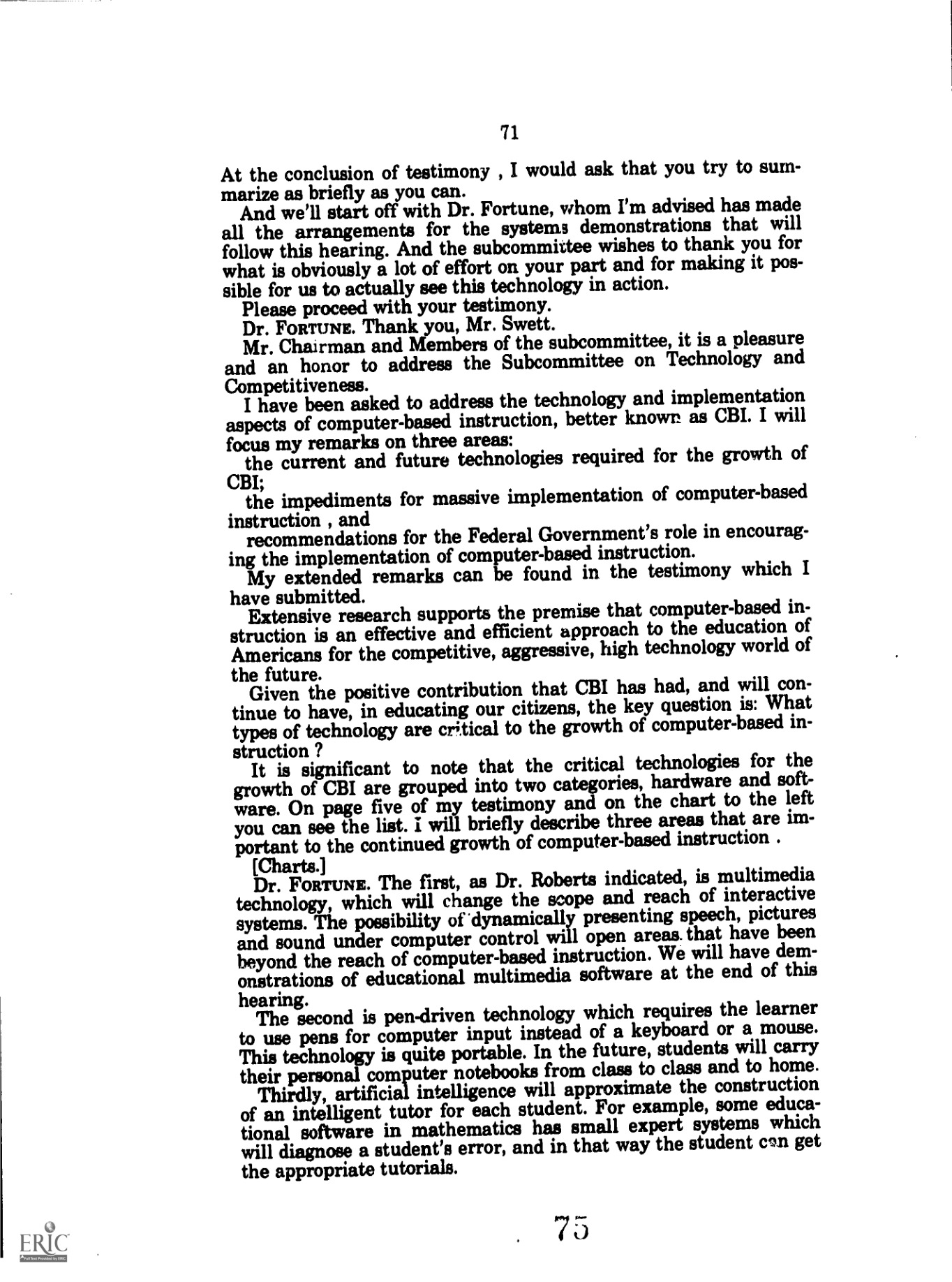 Printed page 71 of the June 1991 House hearing, recording Ronald Fortune’s remarks about multimedia, portable computers and artificial intelligence tutors.