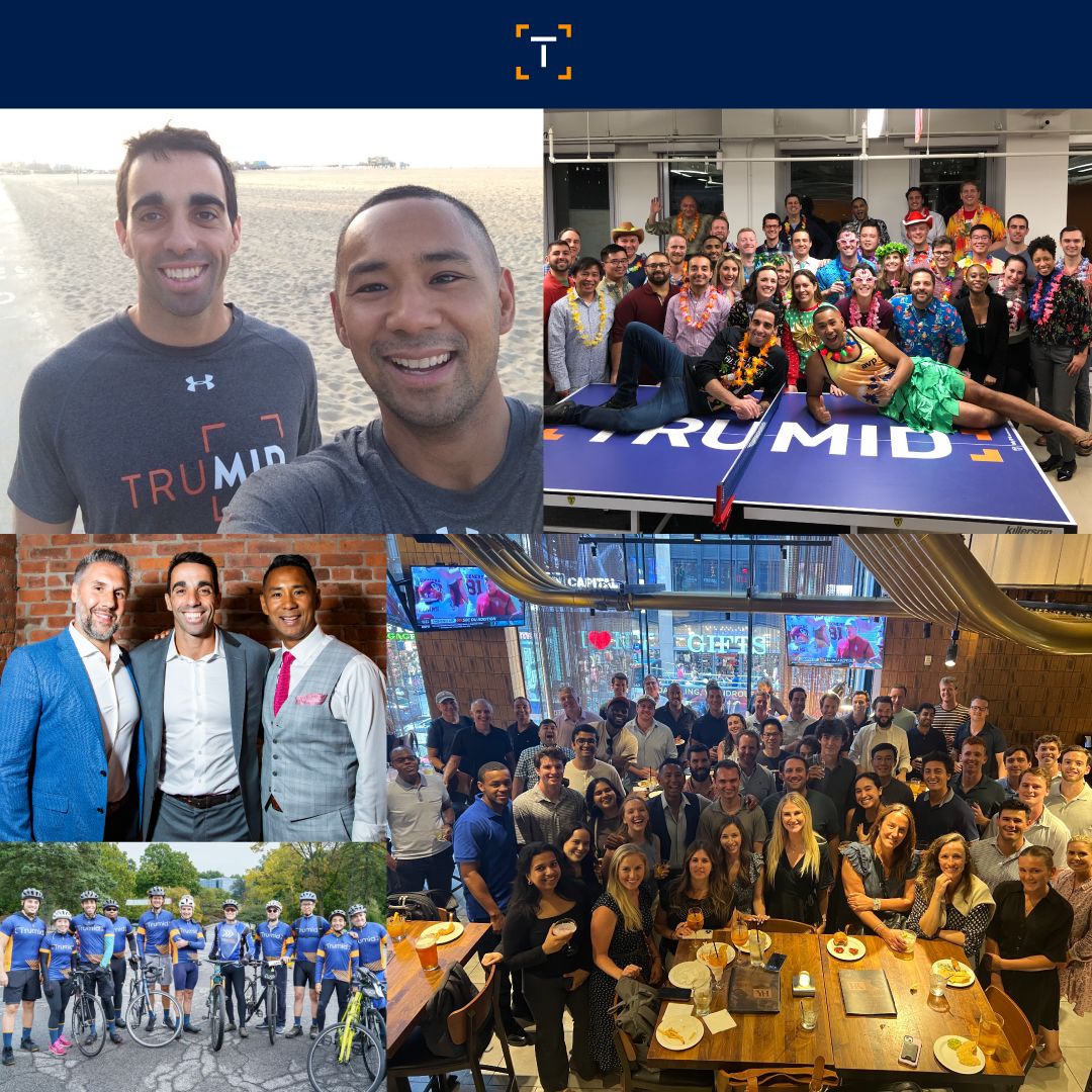 Trumid anniversary collage: Mike Sobel and Ronnie Mateo at the beach, colleagues at office celebrations, a cycling group and a team gathering