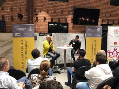 Andre Haddad, left, speaking with Rony Chammas at a LebNet and TechWadi event in Cambria Gallery
