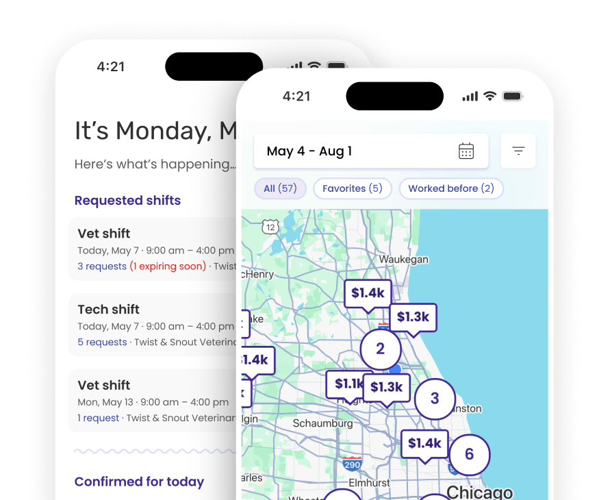 Roo app mockup showing requested shifts and a map of nearby openings with pay amounts