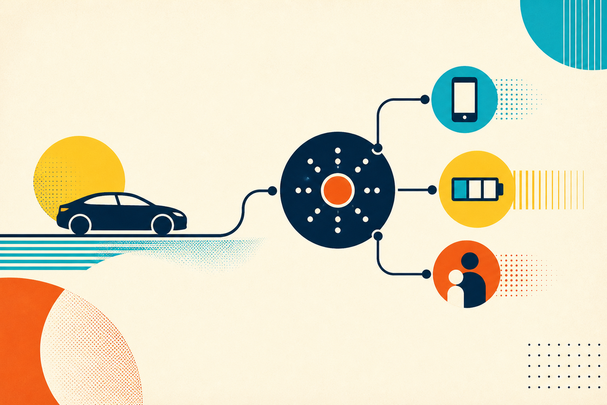 Abstract Swiss-style illustration of a car connected to mobile service, electric vehicle and personal protection nodes