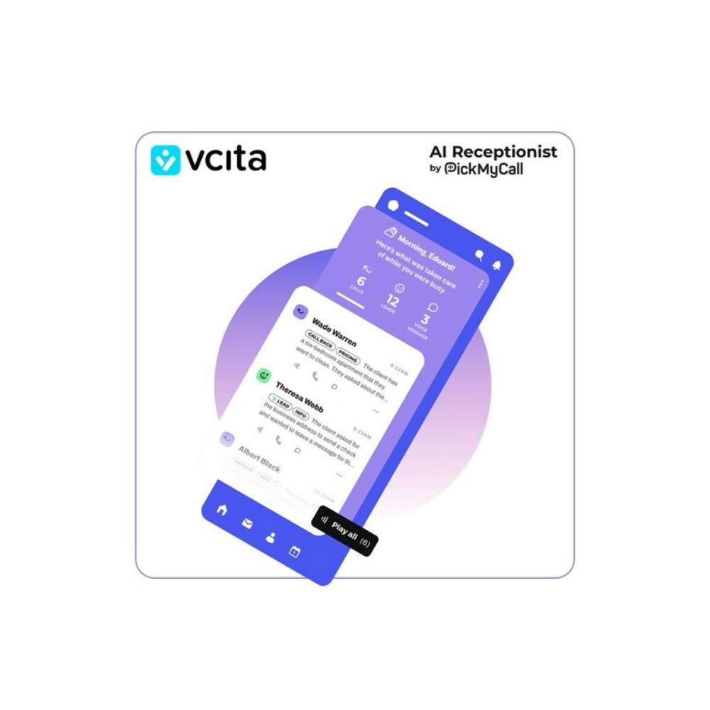 Official product illustration showing vcita’s AI Receptionist powered by PickMyCall and a mobile call dashboard