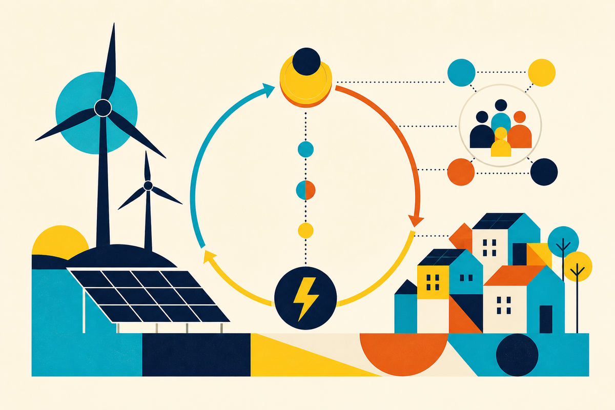 Geometric illustration of wind, solar, electricity, finance and a local community
