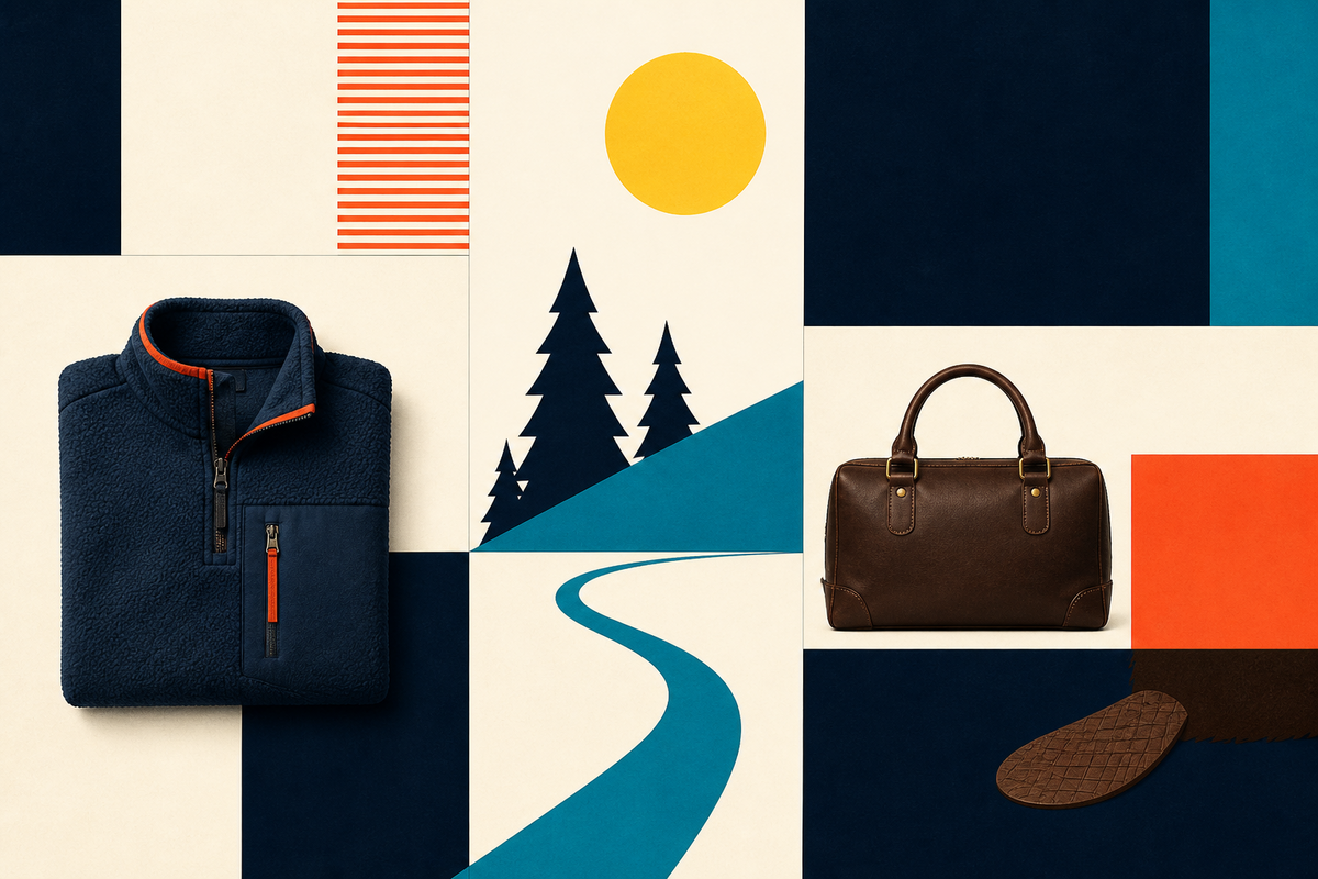 Abstract Swiss-style composition of fleece, leather, pine trees and a winding trail