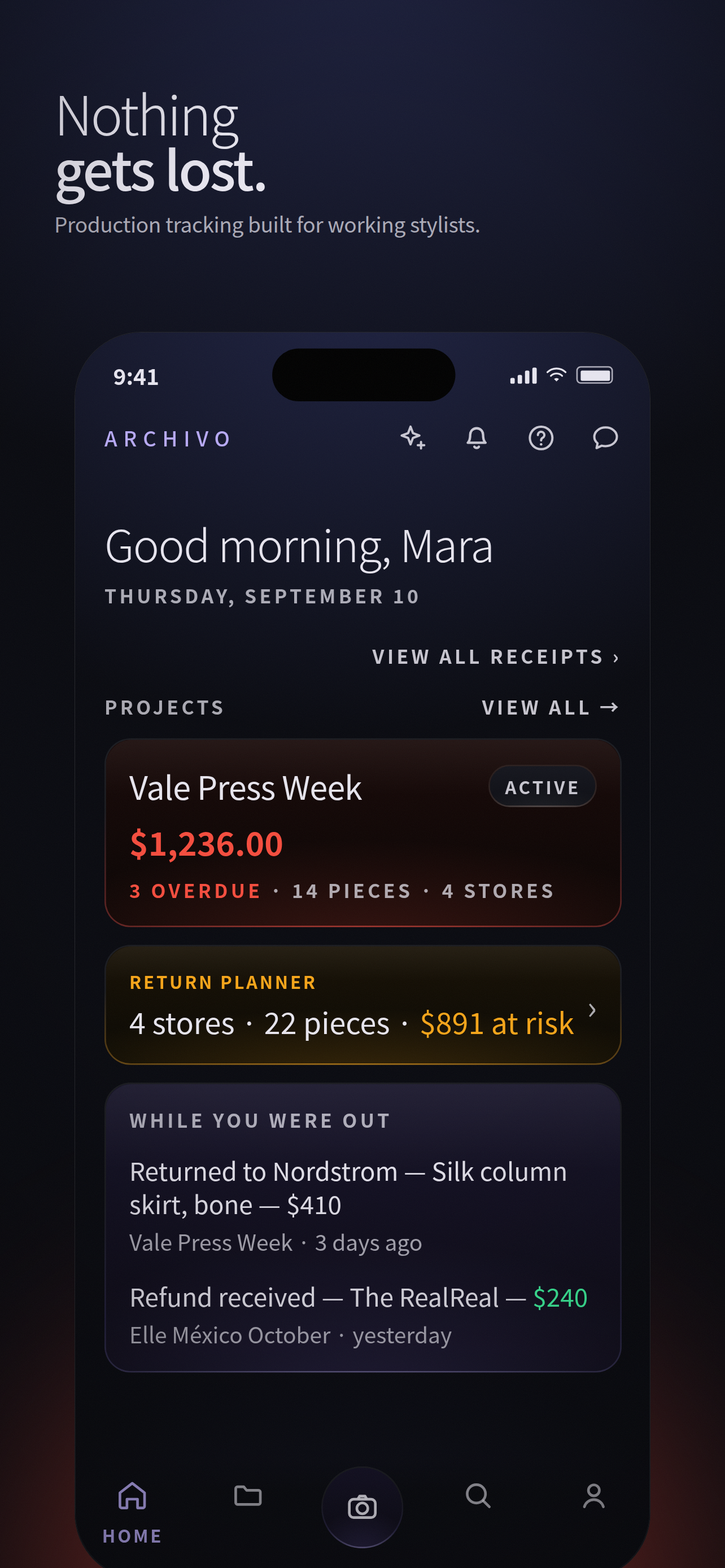 Archivo product screen showing a stylist’s projects, receipts and return planner