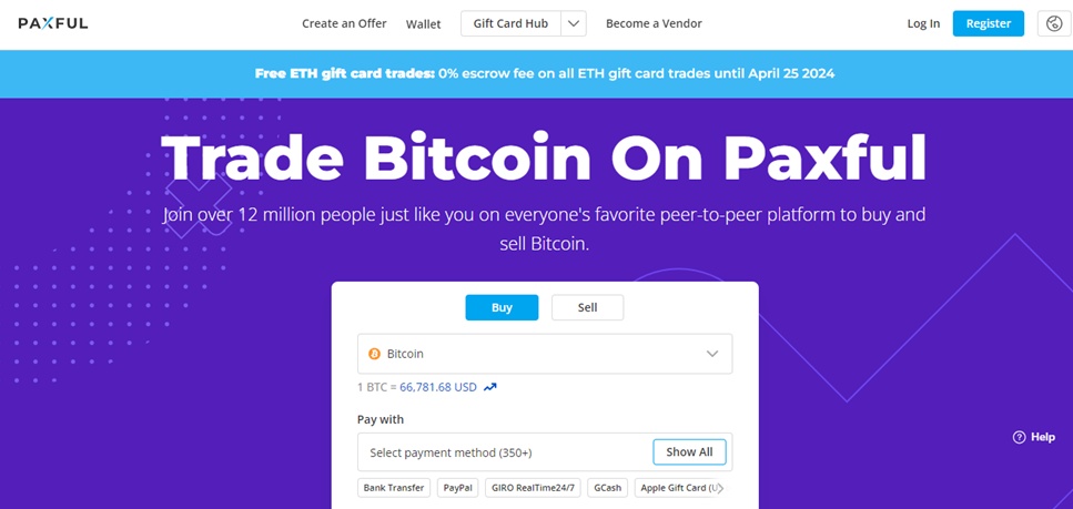 An archival Paxful trading interface showing Bitcoin purchases and payment options