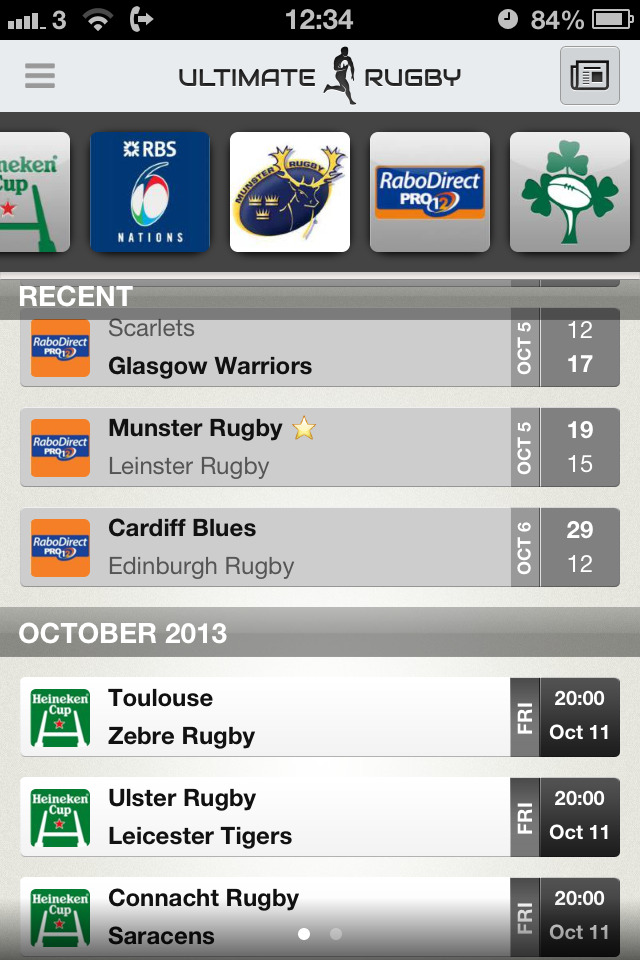 Ultimate Rugby app screen showing recent results and upcoming fixtures