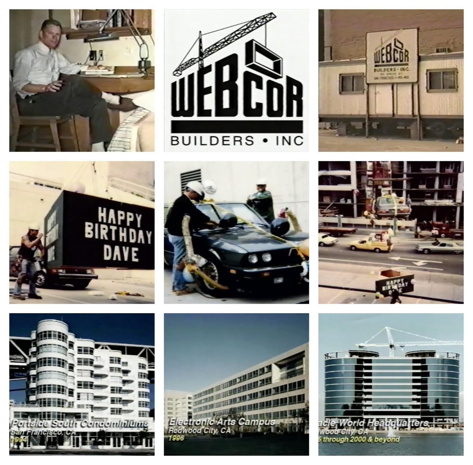 Archival collage of Webcor's early office, founders, construction scenes and completed buildings