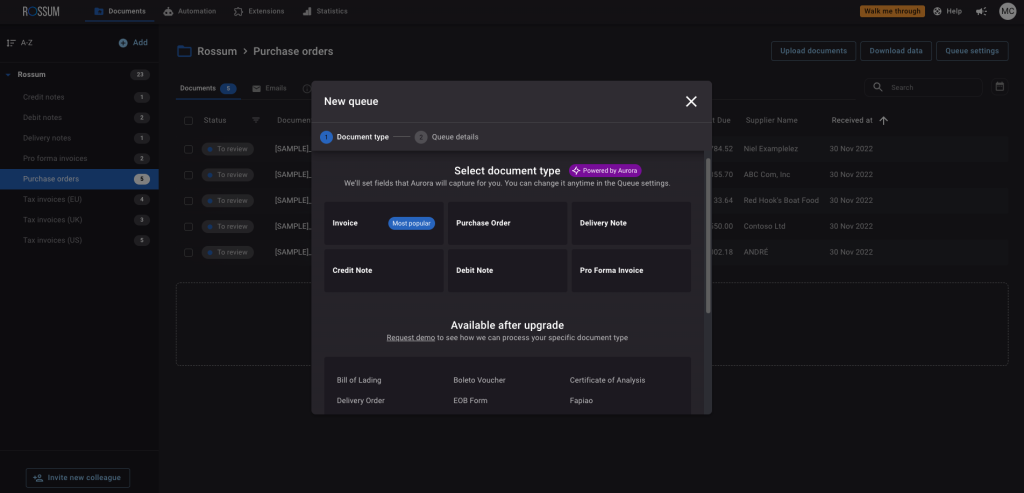 Rossum product interface showing document queues