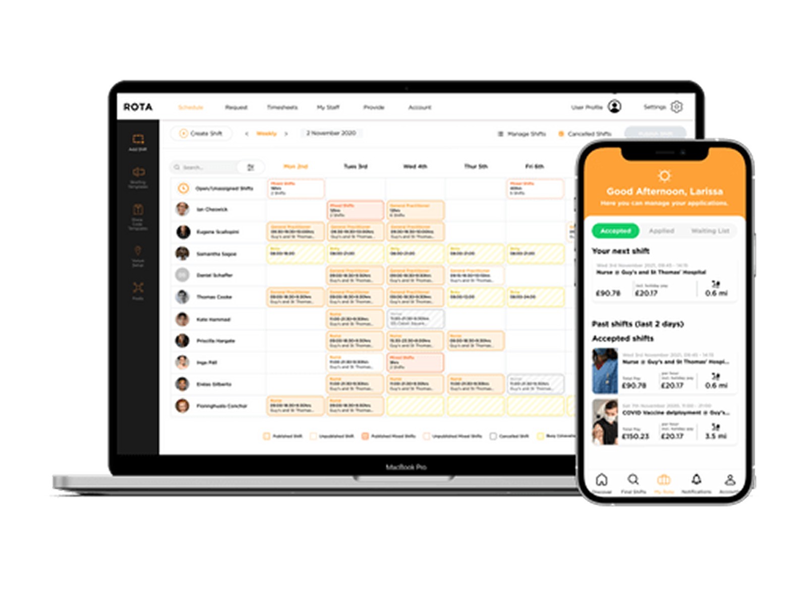 Rota workforce management interfaces displayed on desktop and mobile screens