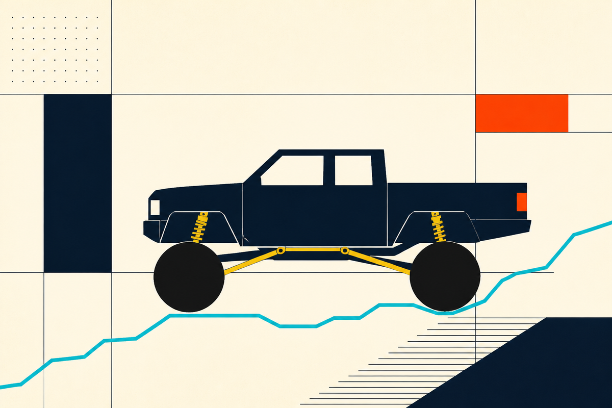 Geometric illustration of a lifted pickup with exposed yellow suspension crossing a teal terrain line