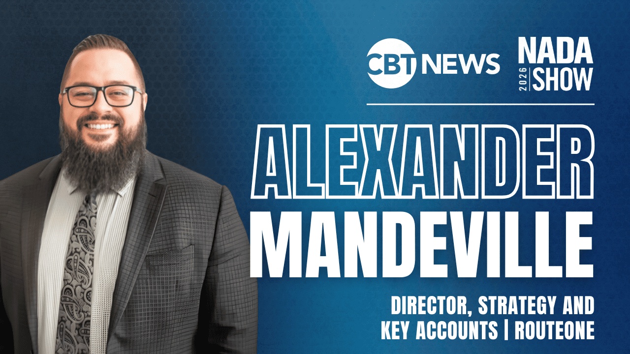 CBT News interview graphic featuring RouteOne’s Alexander Mandeville at the 2026 NADA Show