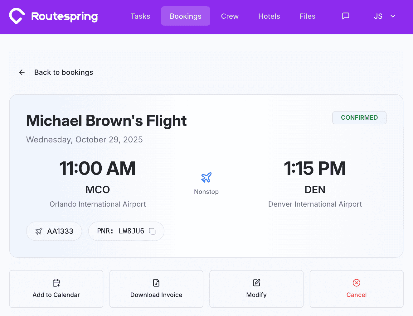 Routespring product illustration showing a confirmed flight booking and options to modify, cancel or download an invoice