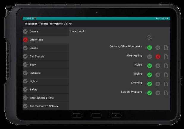 Routeware Elements in-cab tablet showing a pre-trip vehicle inspection checklist
